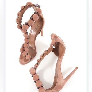 ALAIA Dusty Pink Stud T-Strap Sandal Heels -Chamois Bomb 37 1/2